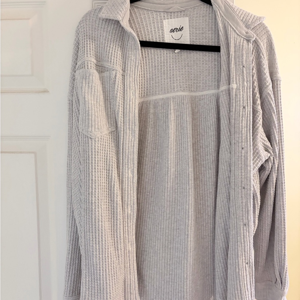 aerie Light Gray Waffle-Knit Lumber Jane Button-Up Shirt